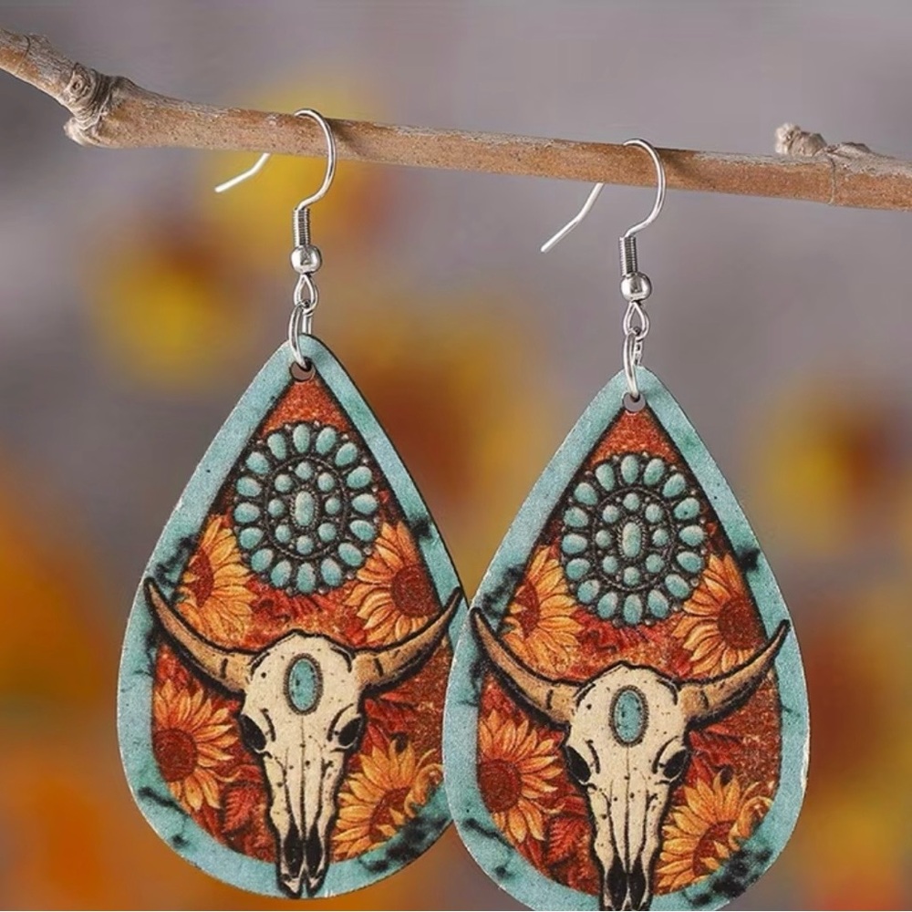Boho Skull Sunflower Turquoise Teardrop Earrings‎ Western Statement Earrings - Picture 5 of 5